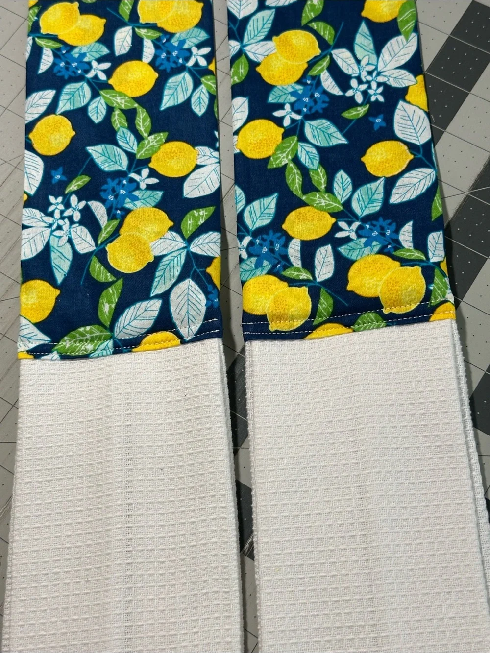Hand Crafted Navy Lemon Print Kitchen Scarf with White Towel Ends